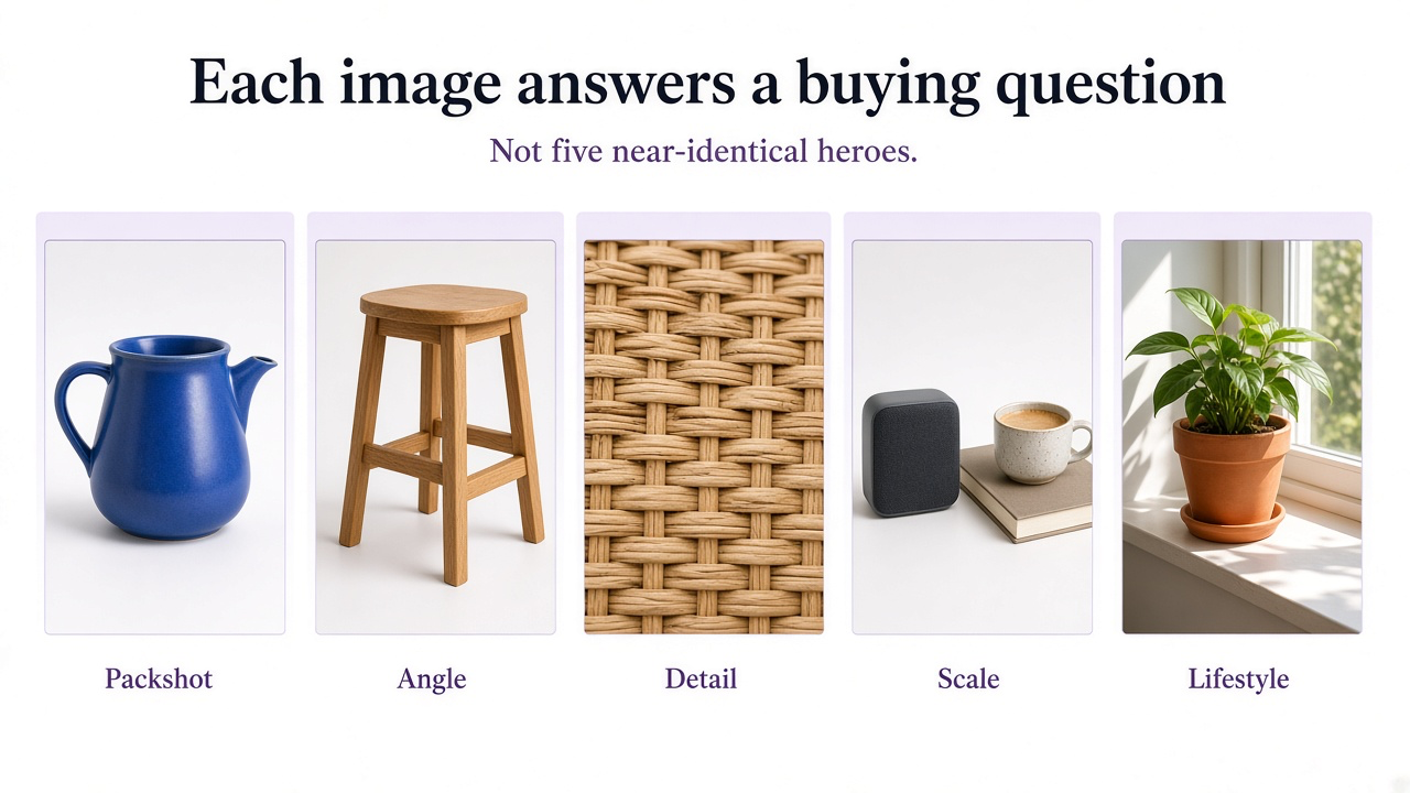Ecommerce gallery types: packshot, angle, detail, scale, and lifestyle answering different buying questions