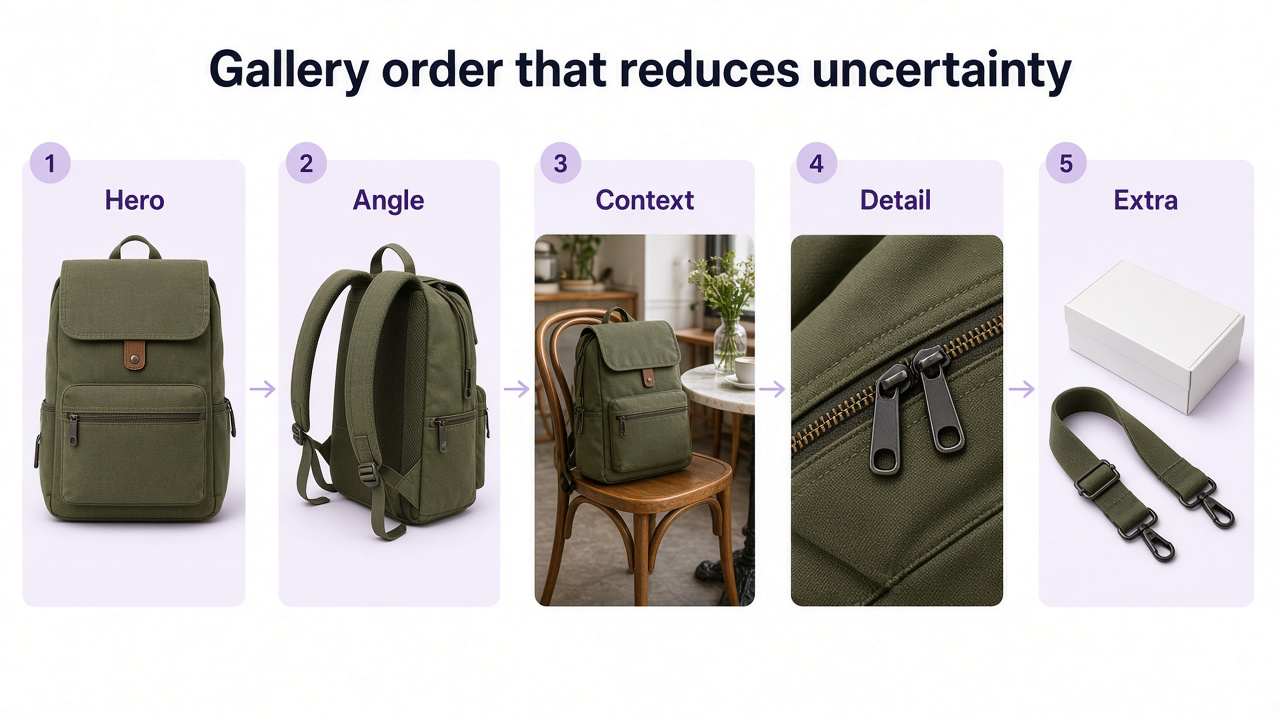 Default product gallery order from hero to angle, context, detail, and extras