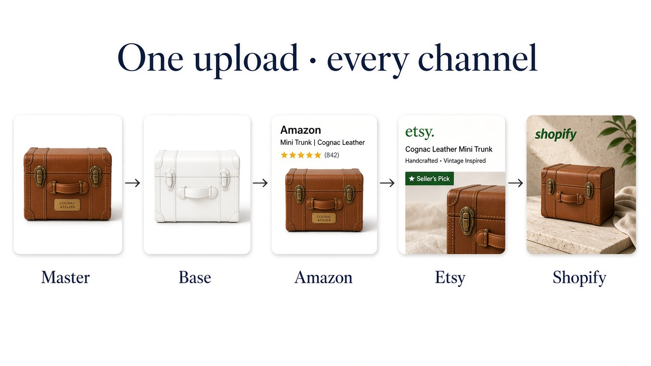GenImagePro workflow from one master bag photo to Amazon, Etsy, eBay, and Shopify exports