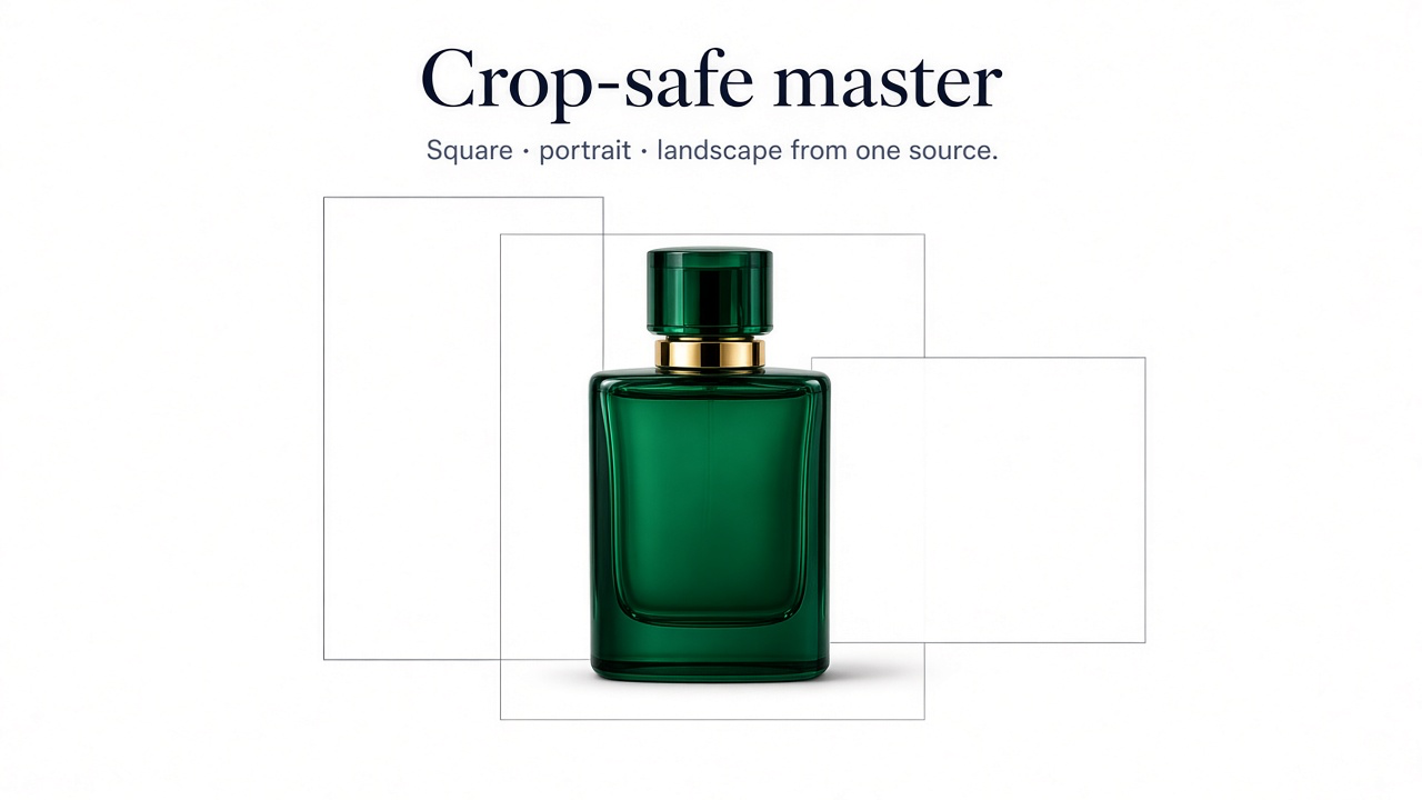 Crop-safe master of a product with guides for square, landscape, and portrait marketplace exports