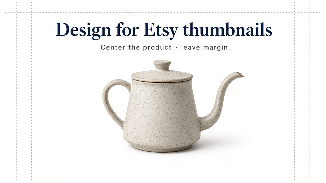 Etsy-style product hero with crop-safe margins around a ceramic vase, showing square and horizontal safe zones