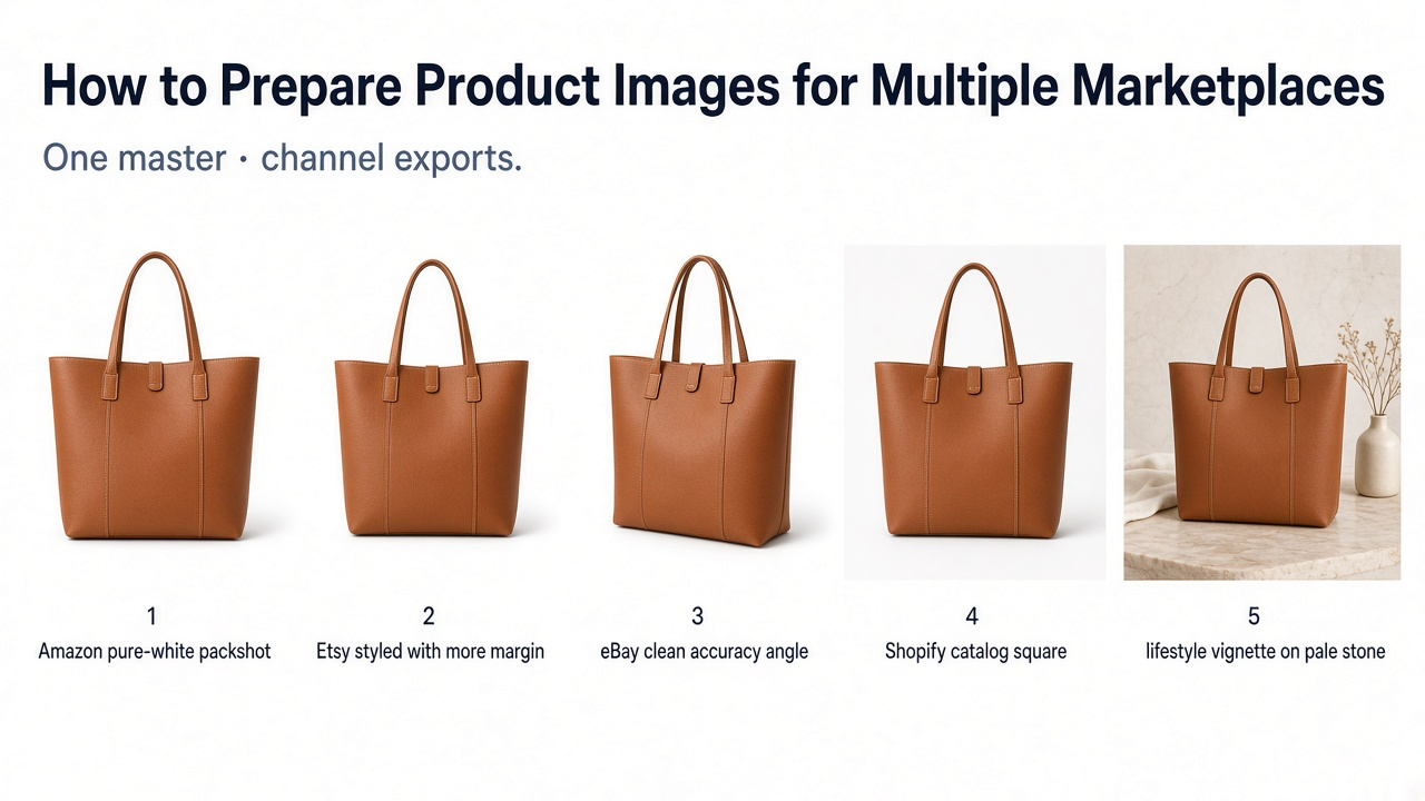 One premium product adapted into Amazon white, Etsy crop-safe, eBay accuracy, and Shopify catalog image versions
