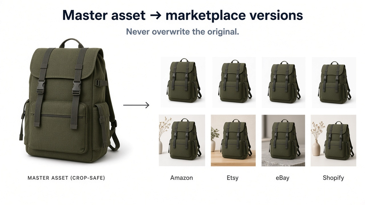 Master product asset branching into Amazon white packshot, Etsy crop-safe hero, eBay accuracy set, and Shopify catalog plus lifestyle