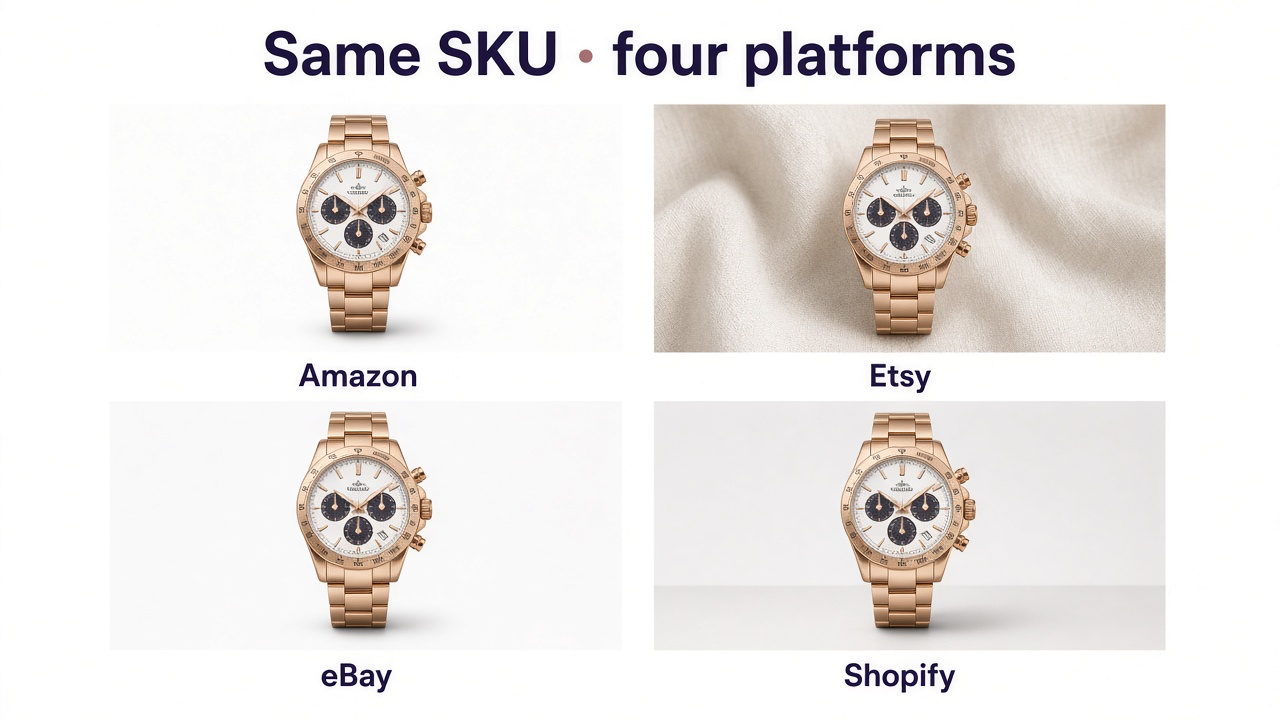 Four marketplace treatments of one premium product: Amazon white main, Etsy styled crop-safe, eBay clean accuracy, Shopify consistent catalog hero