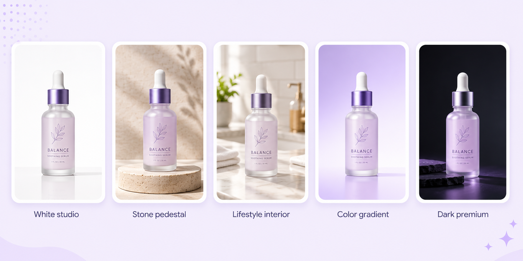 Product background examples including white studio, stone pedestal, lifestyle interior, color gradient, and dark premium studio