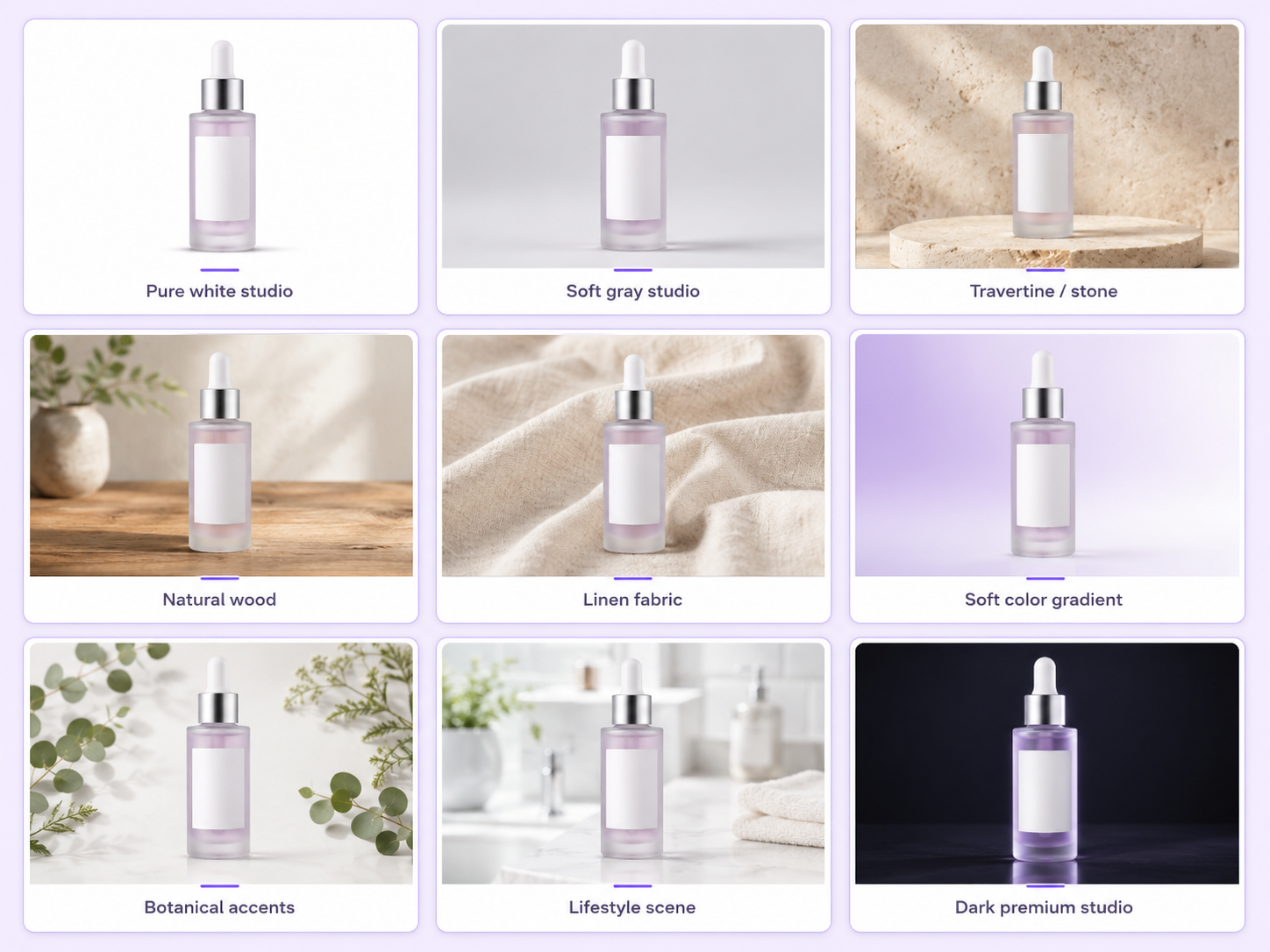 Grid of product photography backgrounds including white, gray, stone, wood, fabric, gradient, lifestyle, botanical, and dark studio scenes