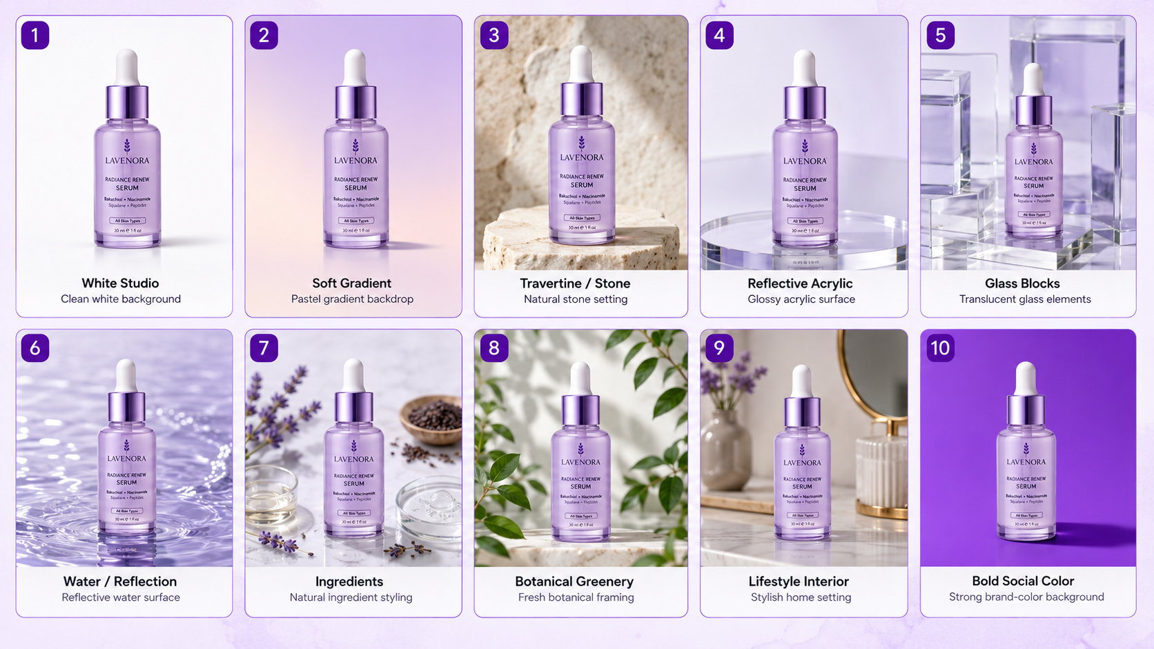 Ten product photography background ideas including white studio gradient stone glass water and lifestyle scenes