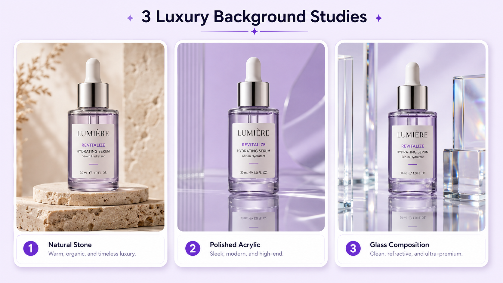 Luxury product photography backgrounds using travertine acrylic and glass