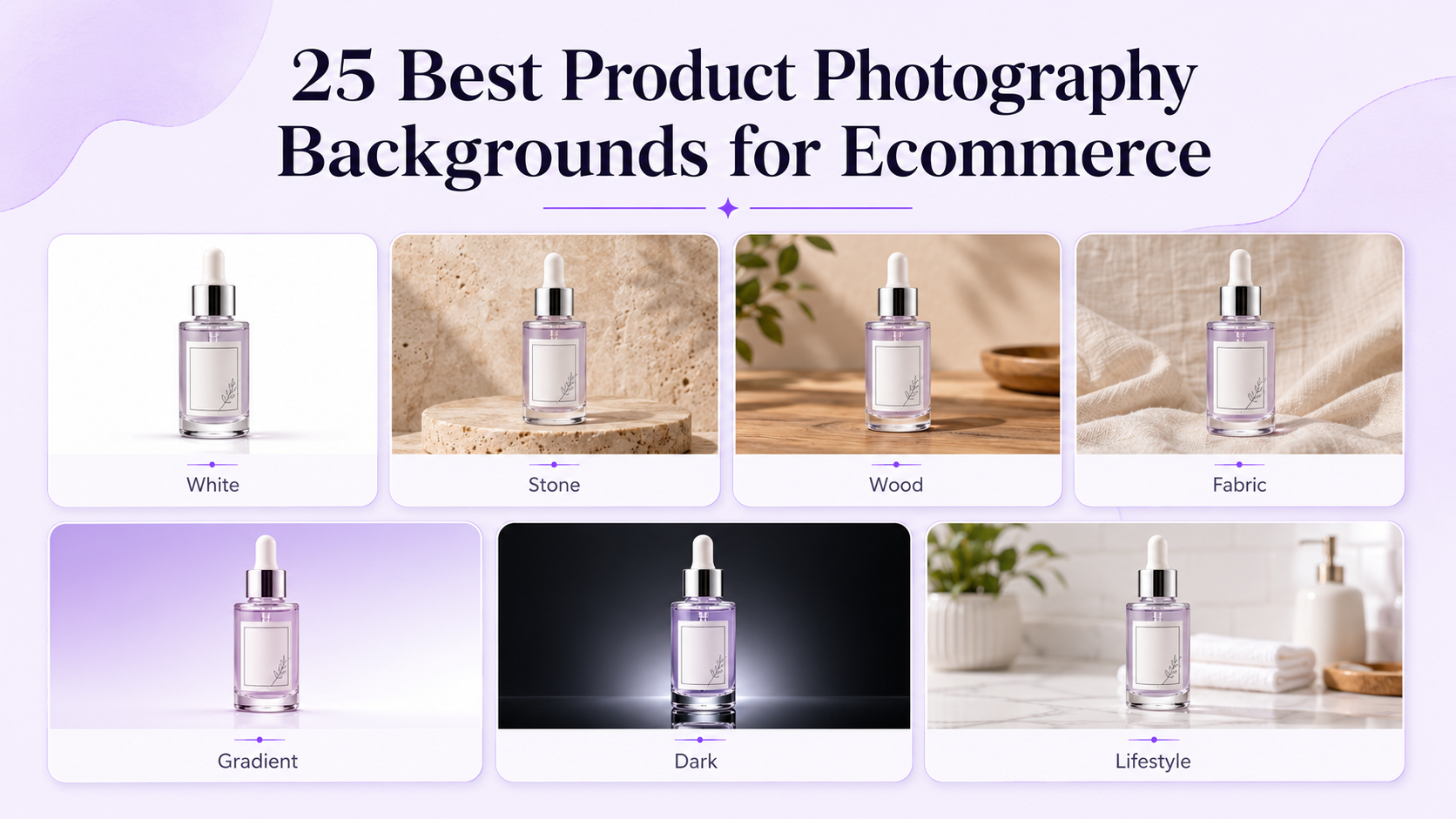 Collection of product photography backgrounds including white studio, travertine stone, wood, fabric, color gradient, dark luxury, and lifestyle scenes