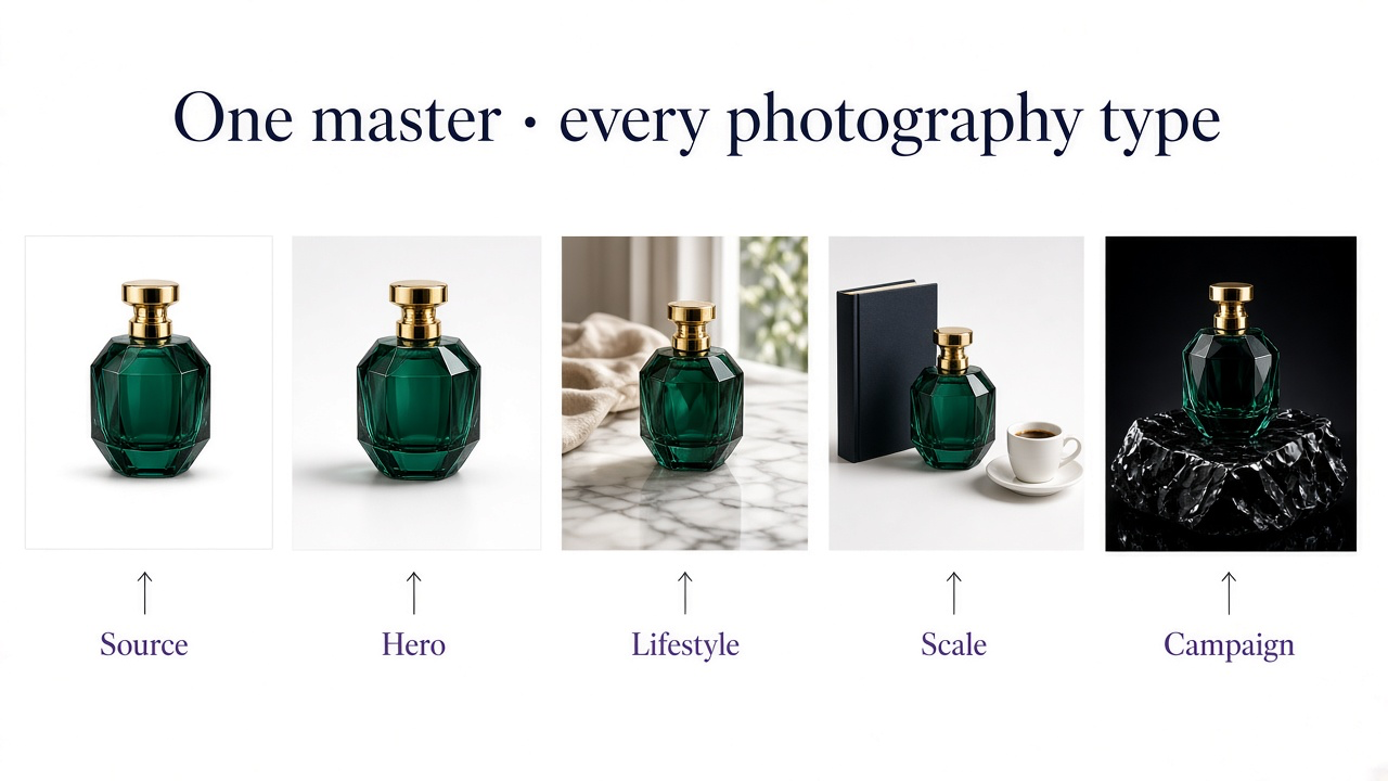 Workflow from one perfume master to hero, lifestyle, scale, and campaign frames