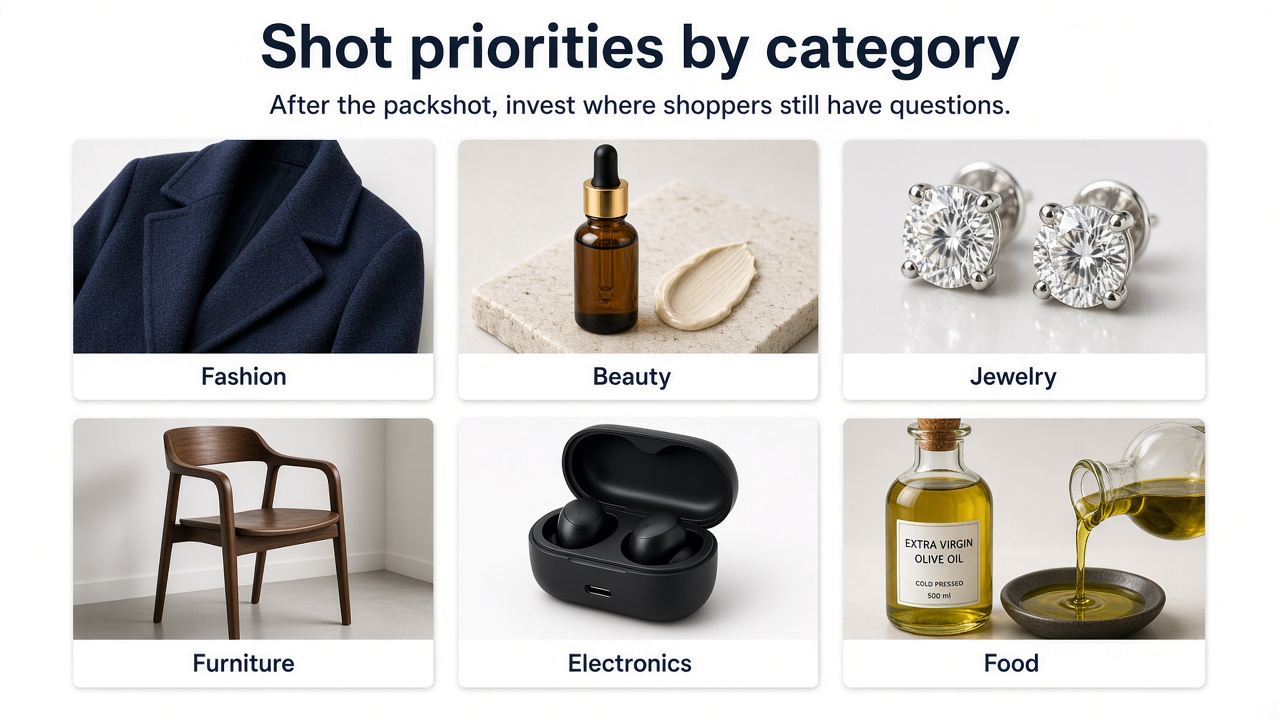 Category shot priorities: fashion fabric detail, beauty texture, jewelry macro, furniture room scale, electronics ports, food label and serving