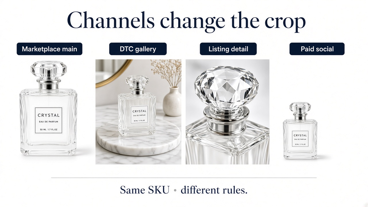 Same perfume shown as marketplace main packshot, DTC lifestyle gallery, listing detail macro, and paid social crop
