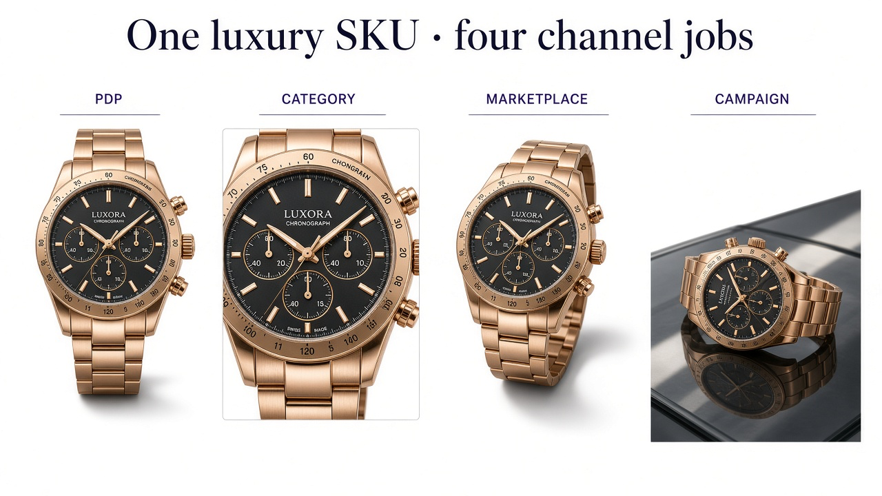One chronograph treated for PDP, category thumbnail, marketplace, and campaign