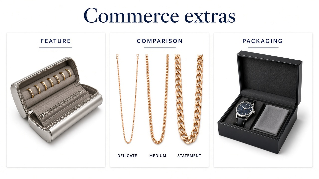 Feature, comparison, and packaging product photography: open jewelry roll, three chain weights, and watch unboxing