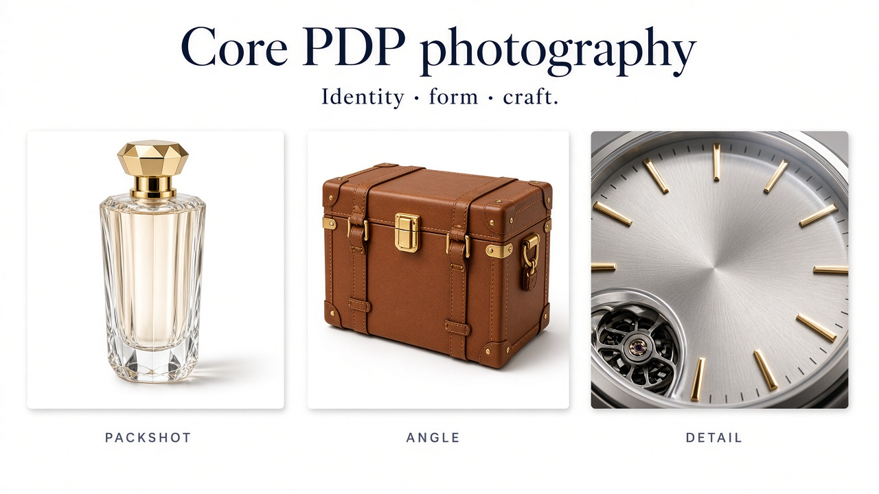 Core PDP photography: perfume packshot, leather case three-quarter angle, and watch dial detail macro