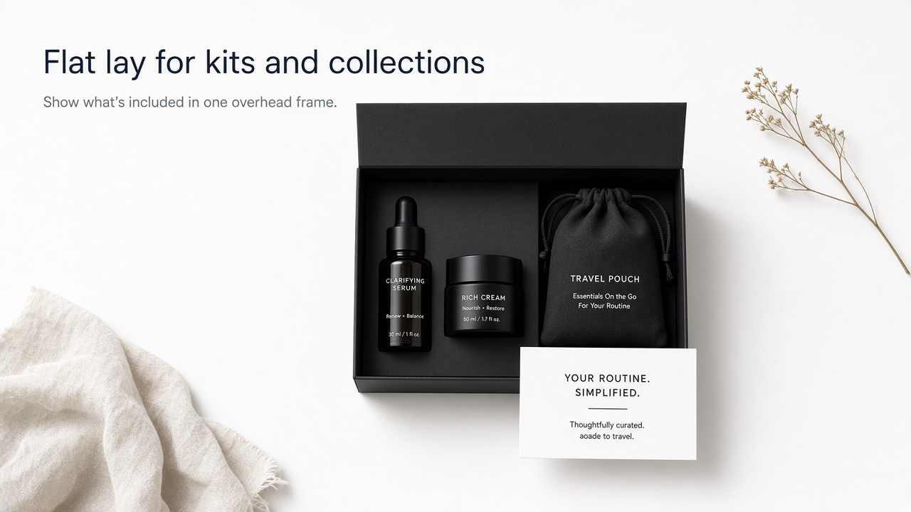 Premium skincare kit flat lay showing serum, cream, pouch, and card arranged overhead
