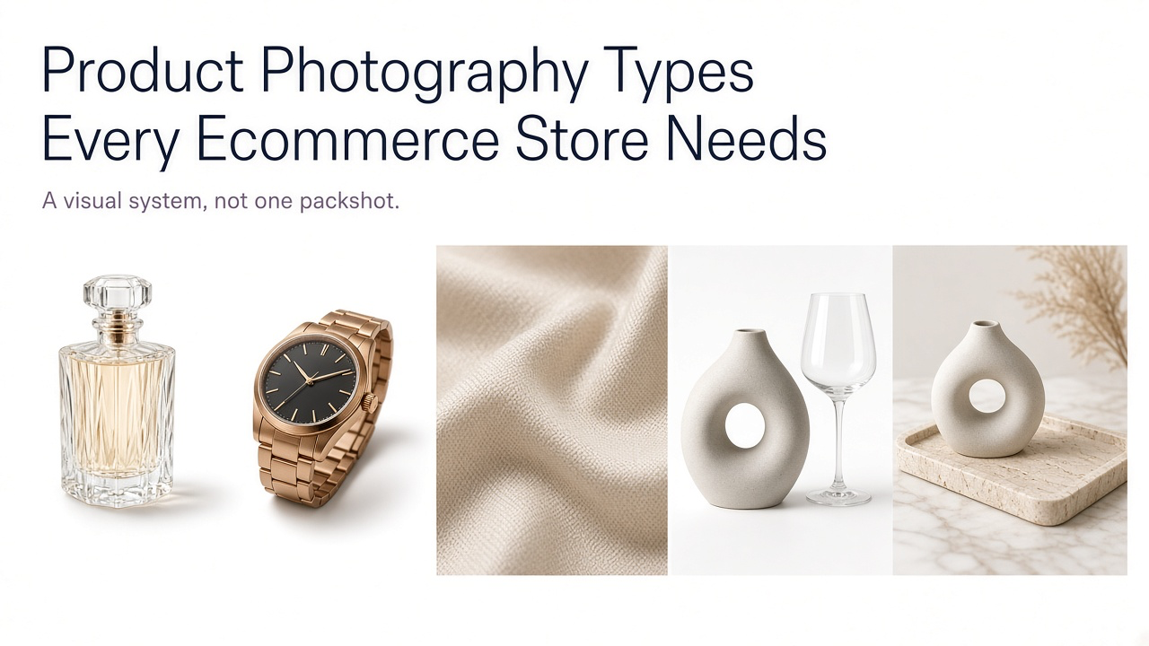 Luxury ecommerce photography types: perfume packshot, watch angle, silk detail, ceramic scale, and lifestyle vignette