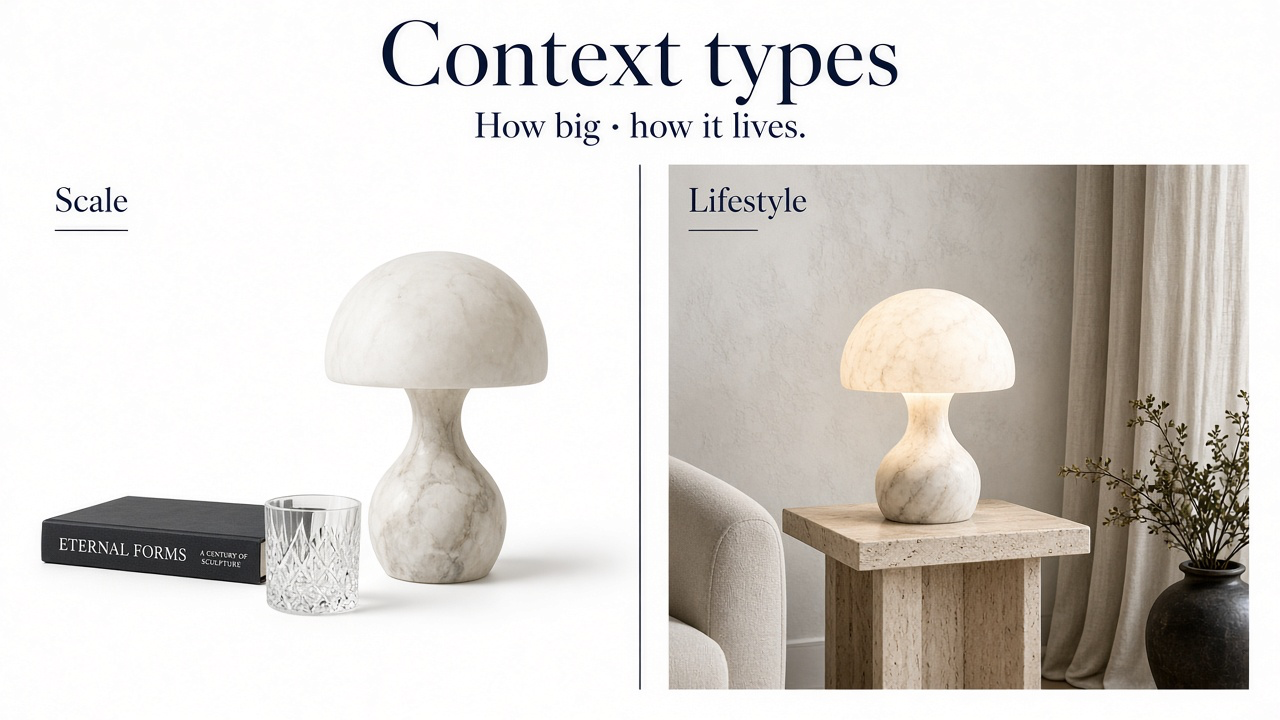 Scale vs lifestyle: lamp beside an art book for size reference, and the same lamp in a refined interior context