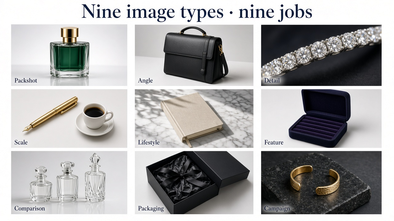 Nine luxury ecommerce image jobs across packshot, angle, detail, scale, lifestyle, feature, comparison, packaging, and campaign