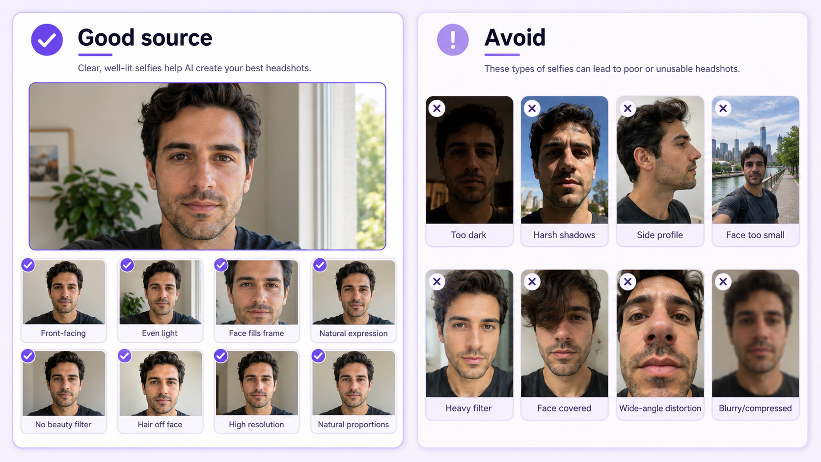 Comparison of suitable and unsuitable selfies for AI professional headshots, showing lighting, angle, resolution, filters, and face visibility