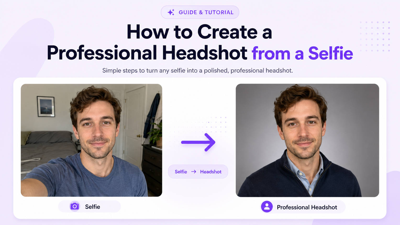 Before-and-after transformation of a casual selfie into a professional headshot with neutral studio background, business attire, polished lighting, and preserved facial identity