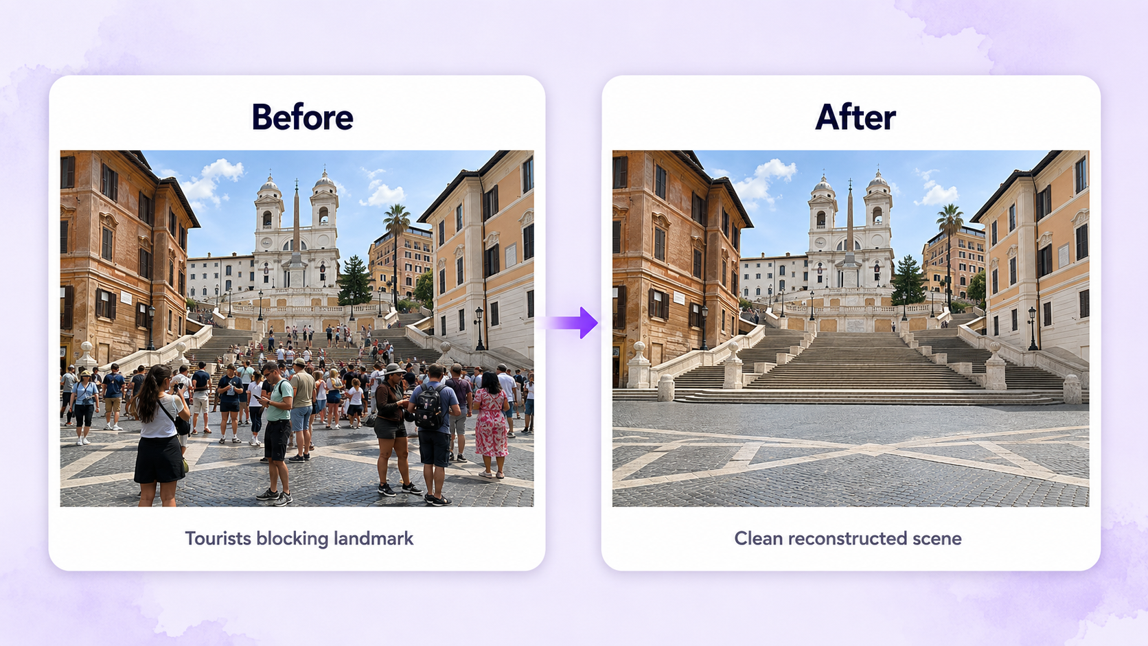 Before-and-after travel photo showing tourists removed while preserving architecture and pavement