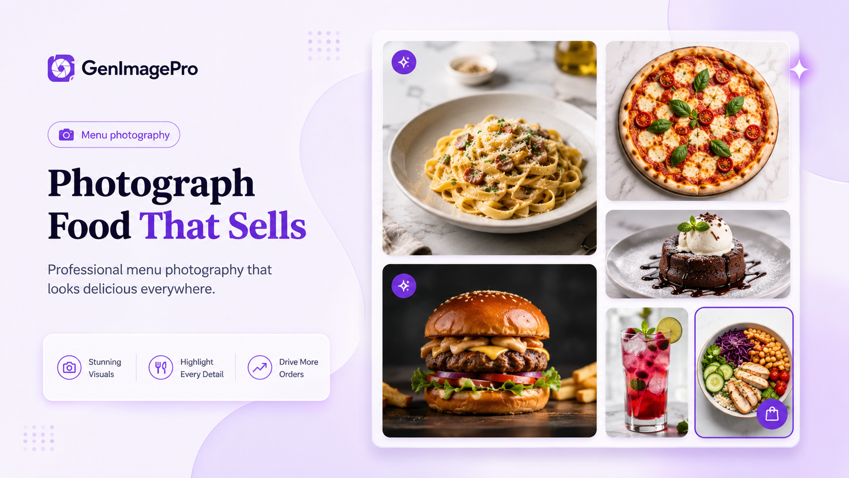 Professional restaurant menu photography showing plated dishes, drinks, desserts, overhead food photos, and delivery-app menu images