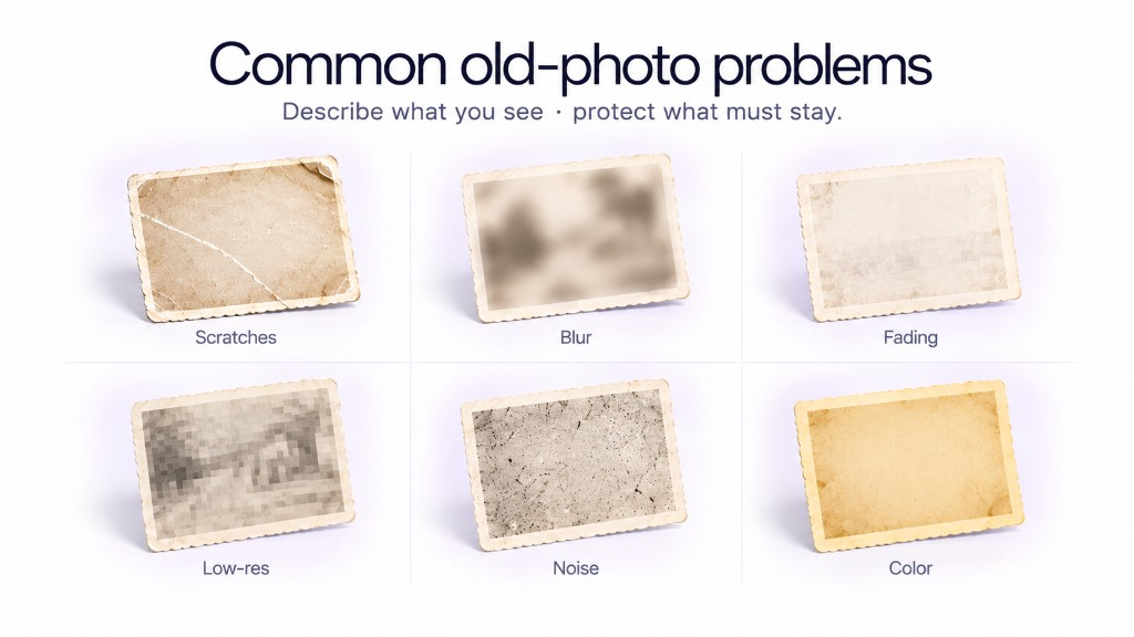 Common old photo problems including scratches, blur, fading, low resolution, noise, and color shifts