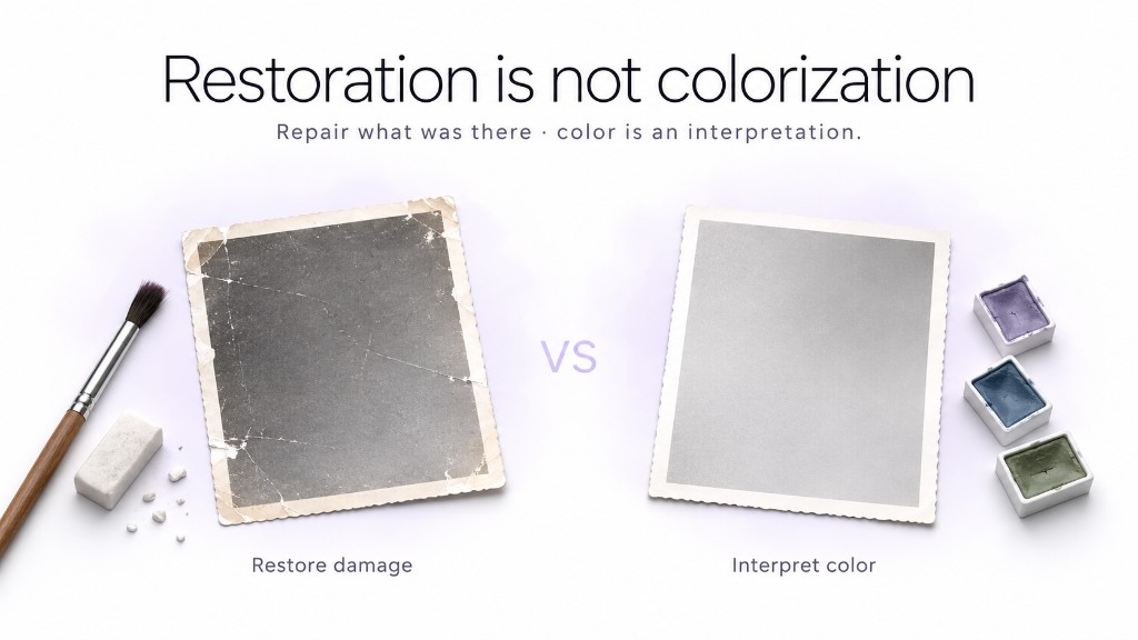 Side-by-side comparison of photo restoration versus black-and-white colorization
