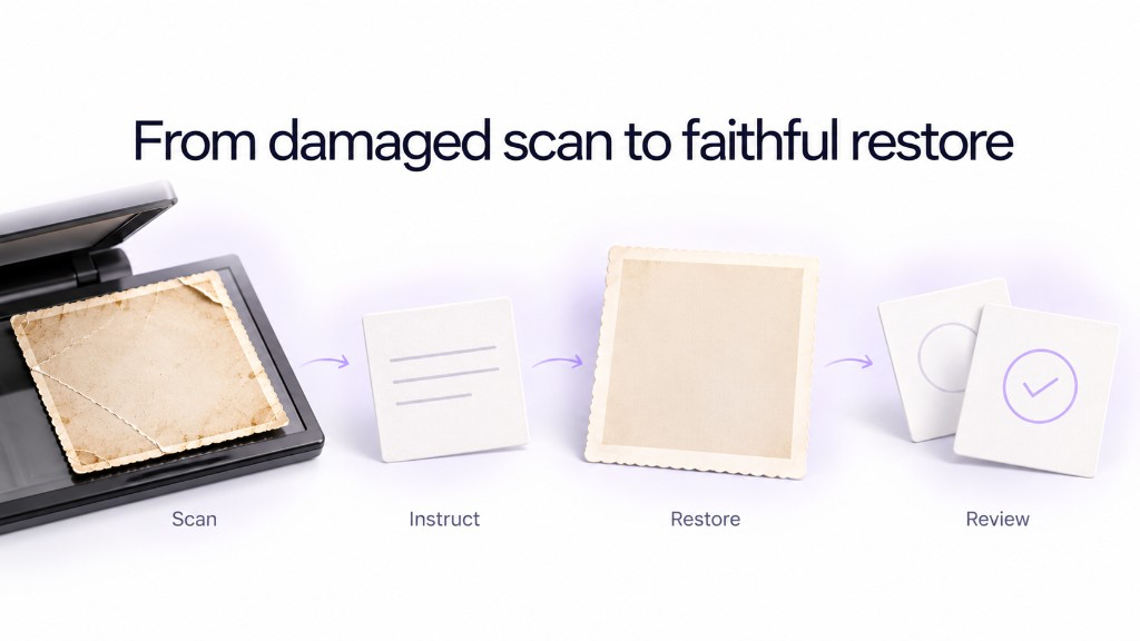 Old photo restoration workflow from scan upload to repair, inspect, and refine
