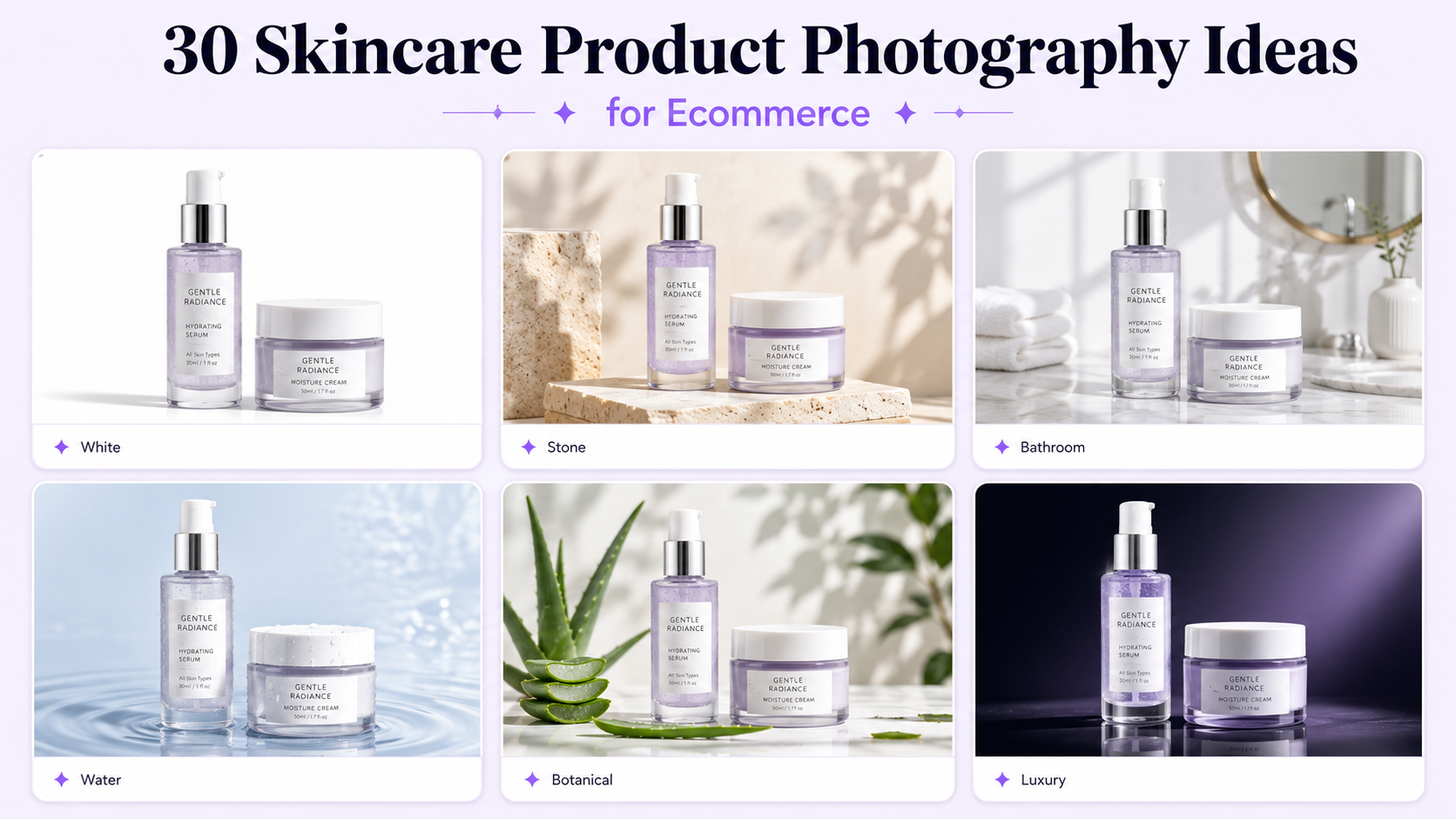 Collection of skincare product photography ideas showing bottles and jars on white backgrounds, travertine stone, bathroom vanities, water, botanical scenes, and luxury campaign setups