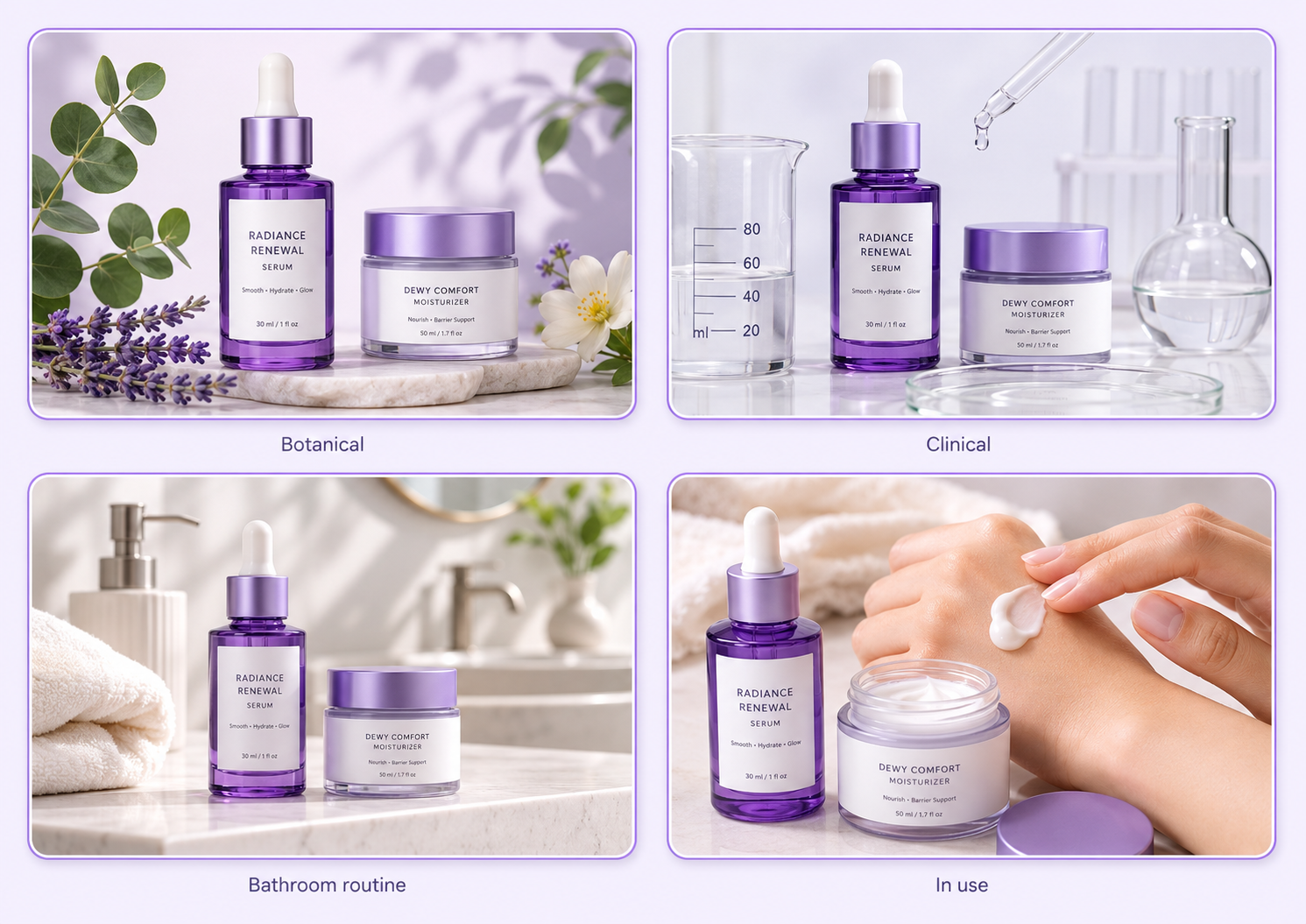 Skincare product photography showing botanical ingredients, clinical lab styling, bathroom routine, and product application