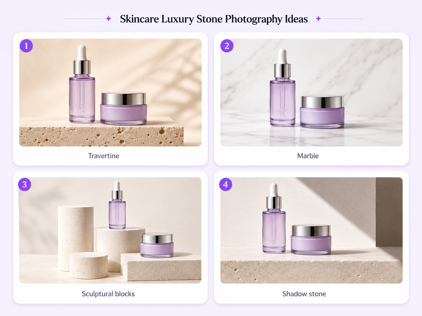 Skincare product photography ideas using travertine, marble, sculptural pedestals, and controlled shadows
