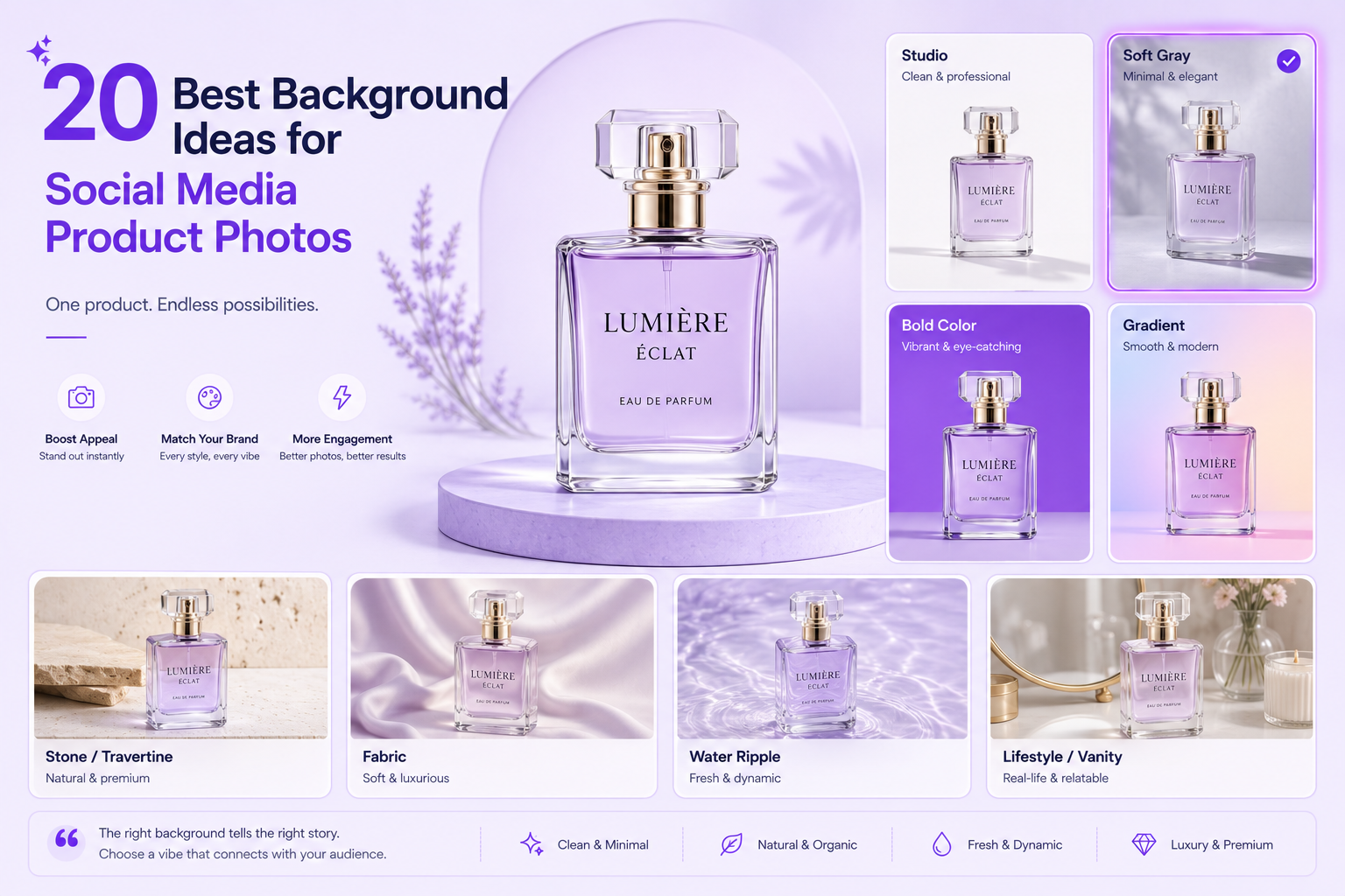 Social media product photos showing multiple creative background styles