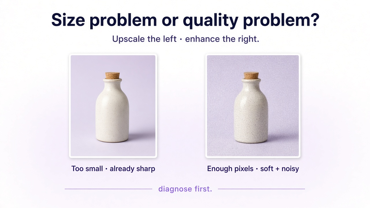 Two photo cards of the same bottle: small-and-sharp versus full-size-but-soft-and-noisy, for diagnosing size vs quality