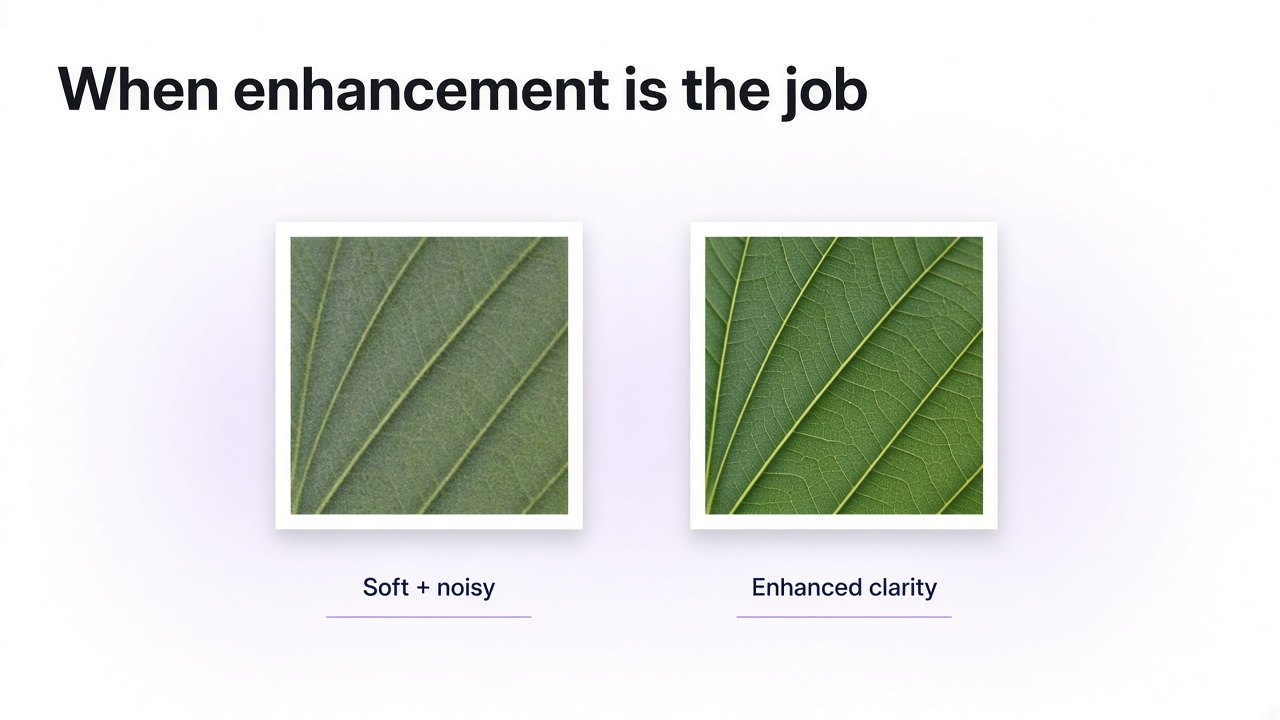 Same-size photo print showing soft noisy version next to cleaner enhanced version