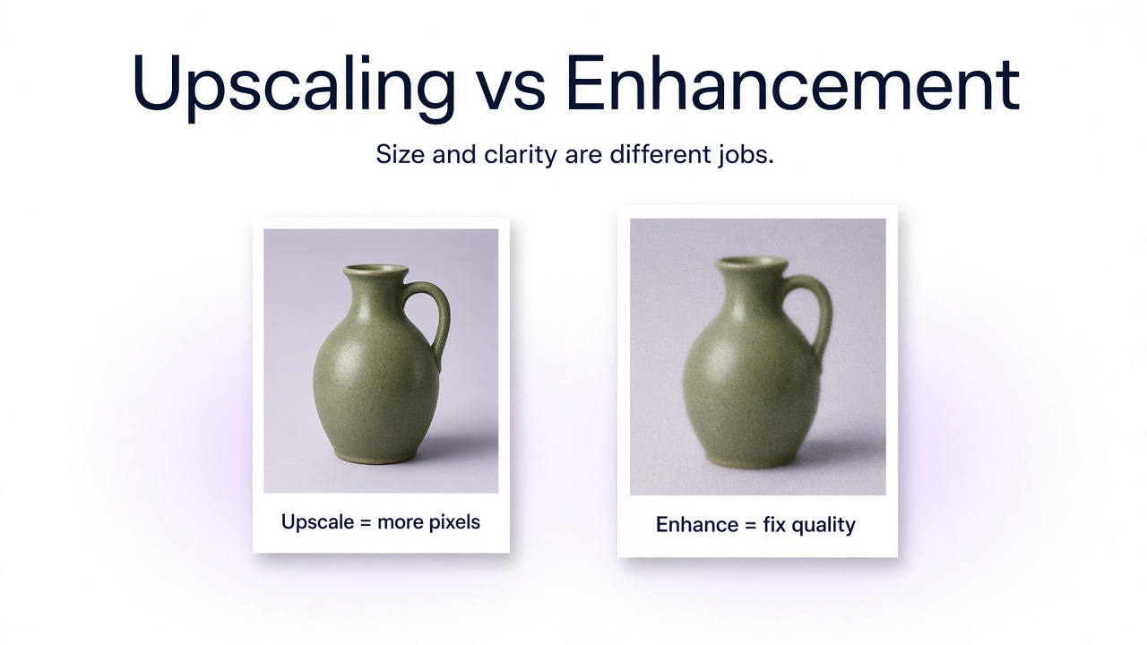 Same photo shown as a size increase versus a clarity and noise fix on a white field