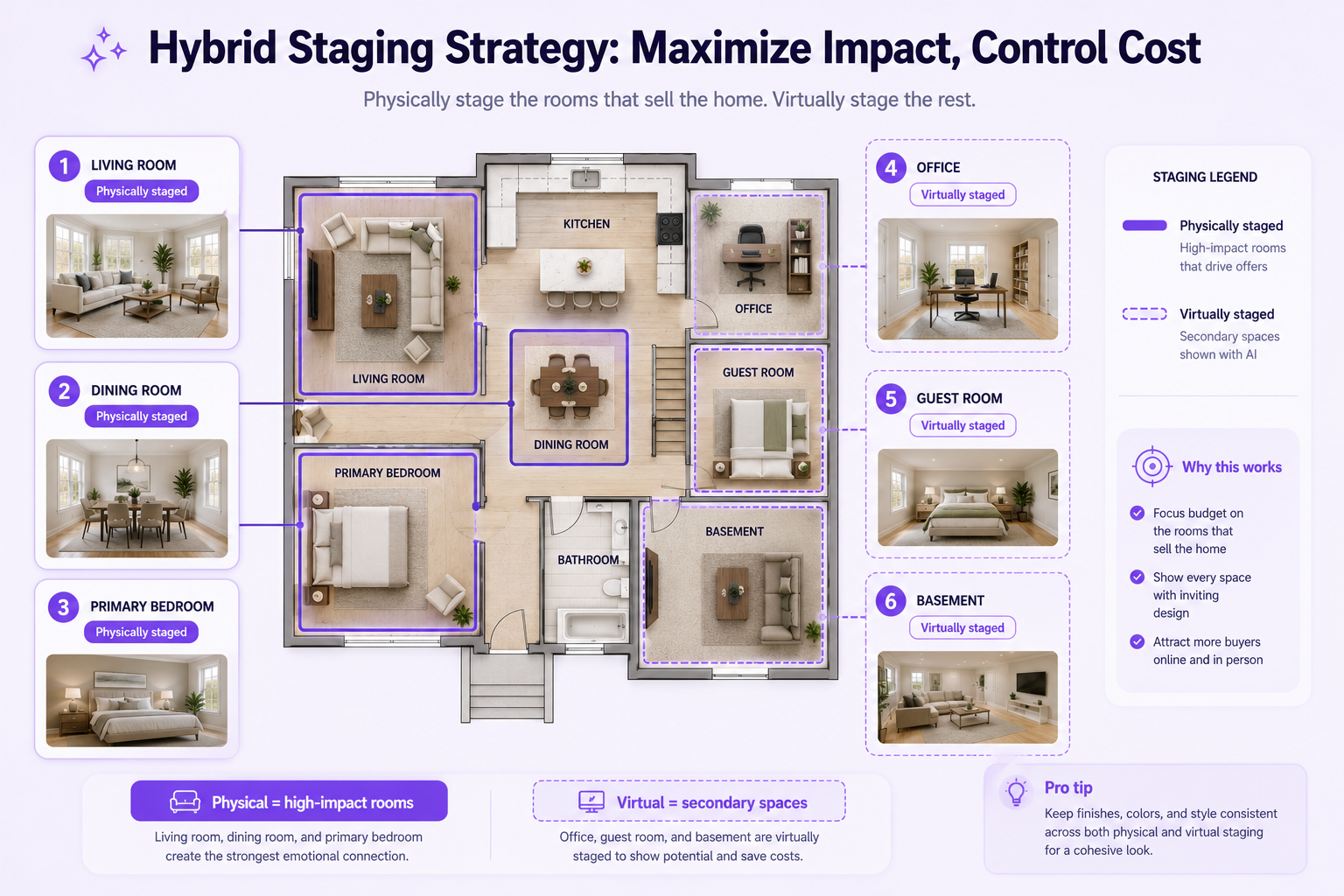 Hybrid real estate staging strategy showing physically staged main rooms and virtually staged secondary rooms