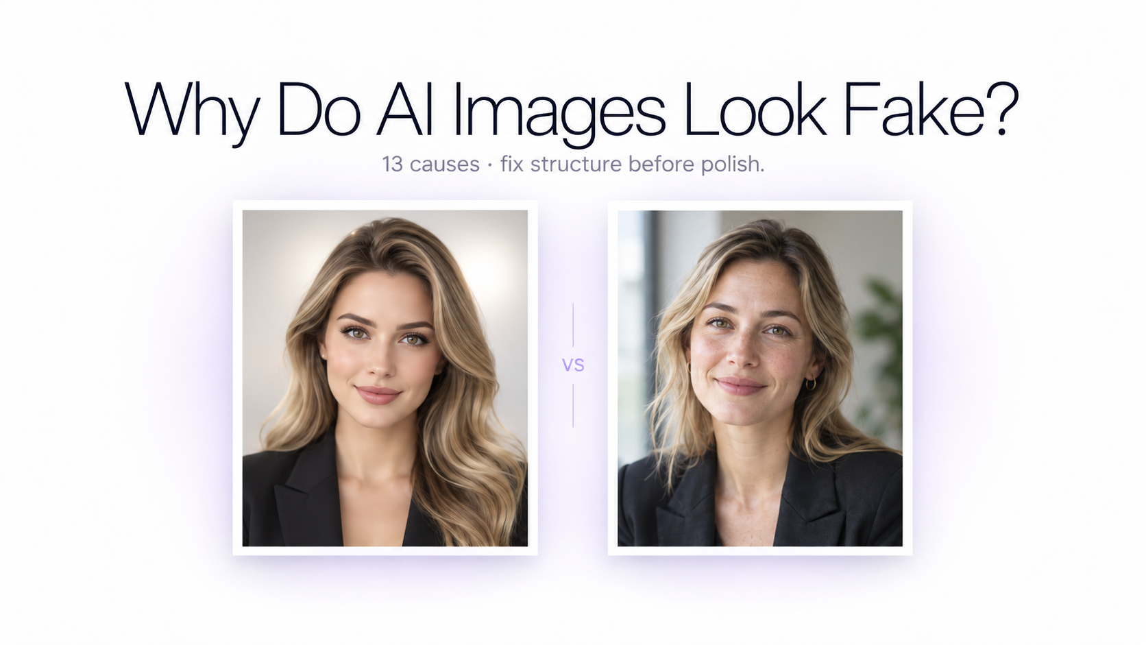 Comparison of a fake-looking AI image and a more realistic corrected version showing improvements to skin, lighting, shadows, reflections, and texture