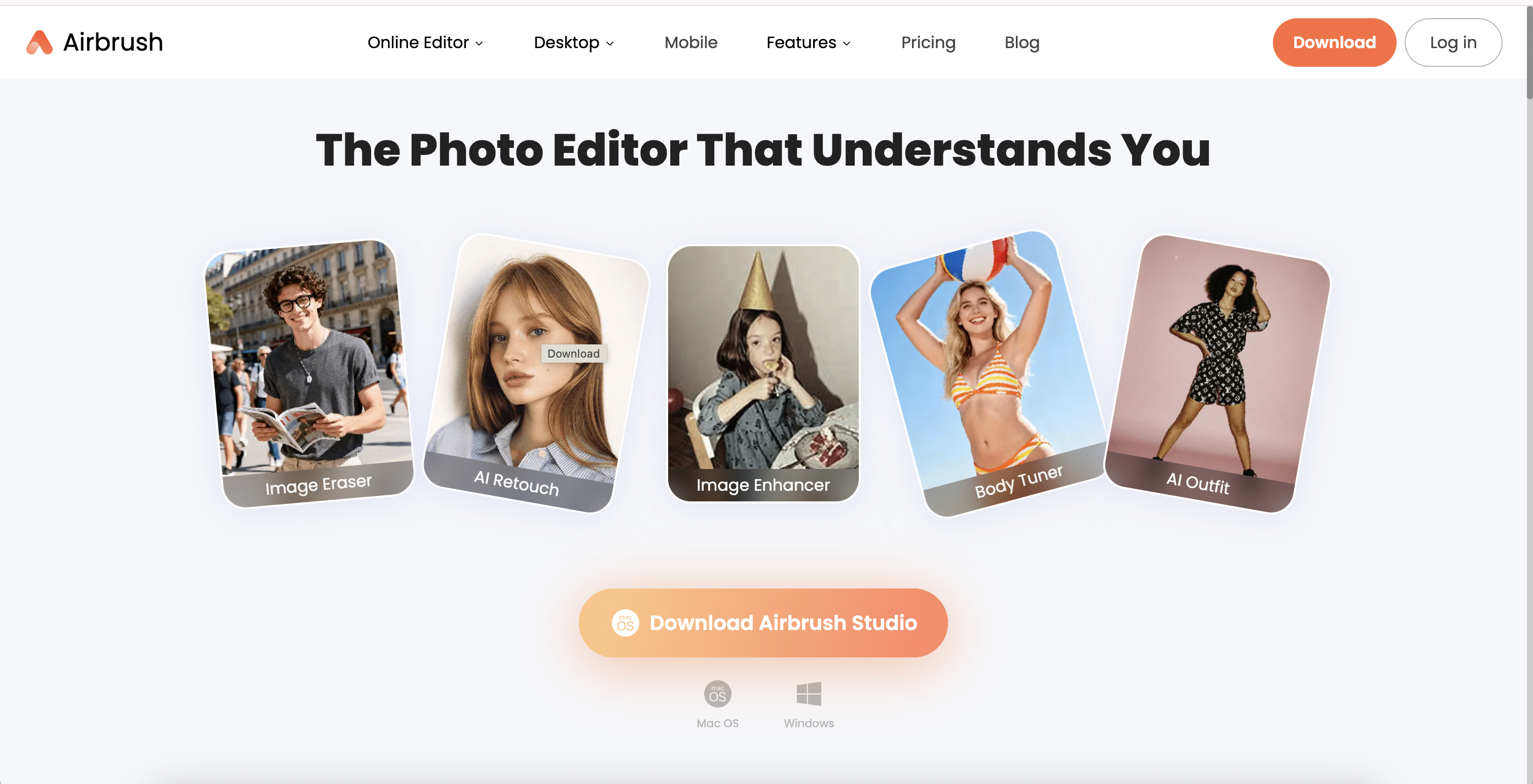 AirBrush landing page showing AI makeup tools combined with portrait retouching features