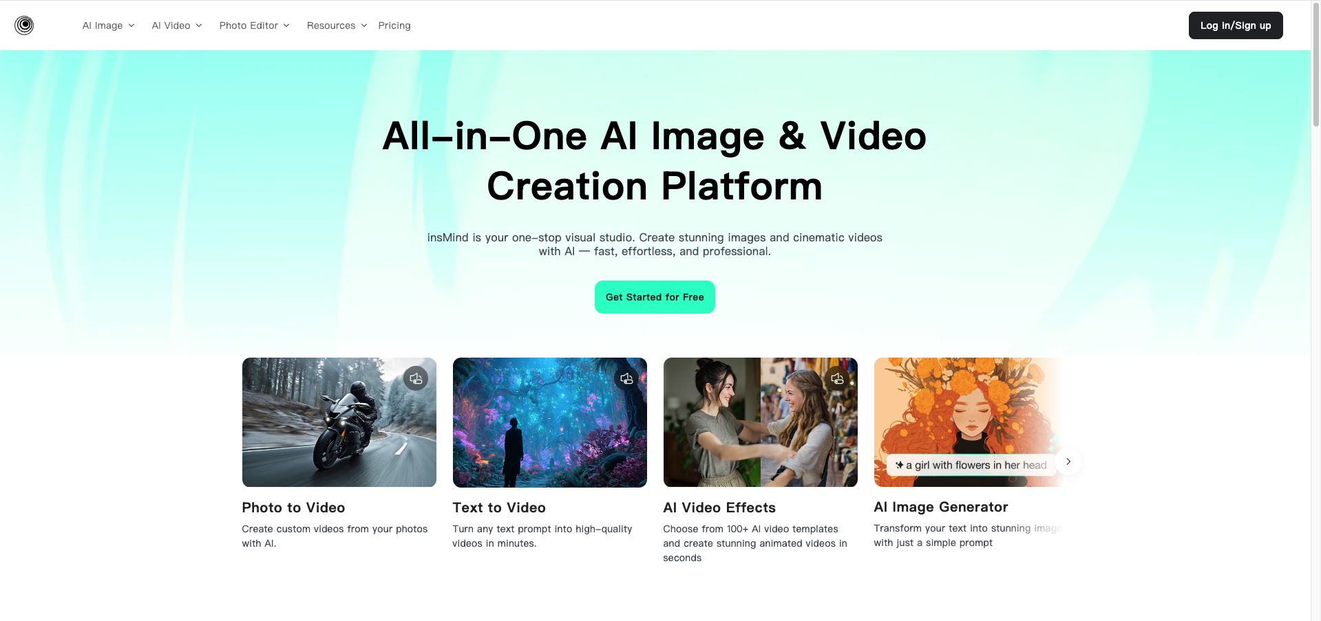 insMind AI makeup generator landing page with one-click makeup and custom text prompt options