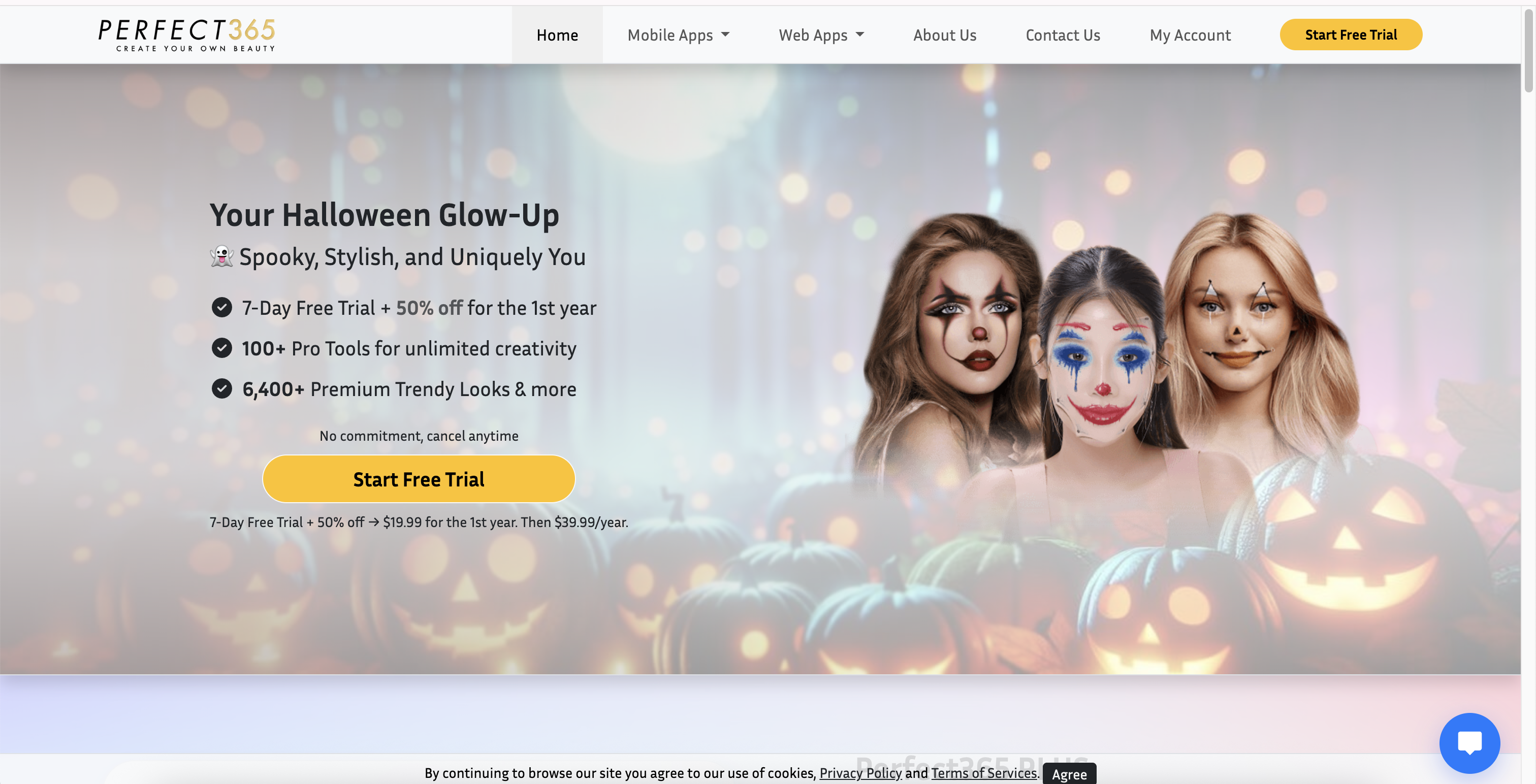 Perfect365 AI makeup app landing page showcasing a large library of virtual beauty looks