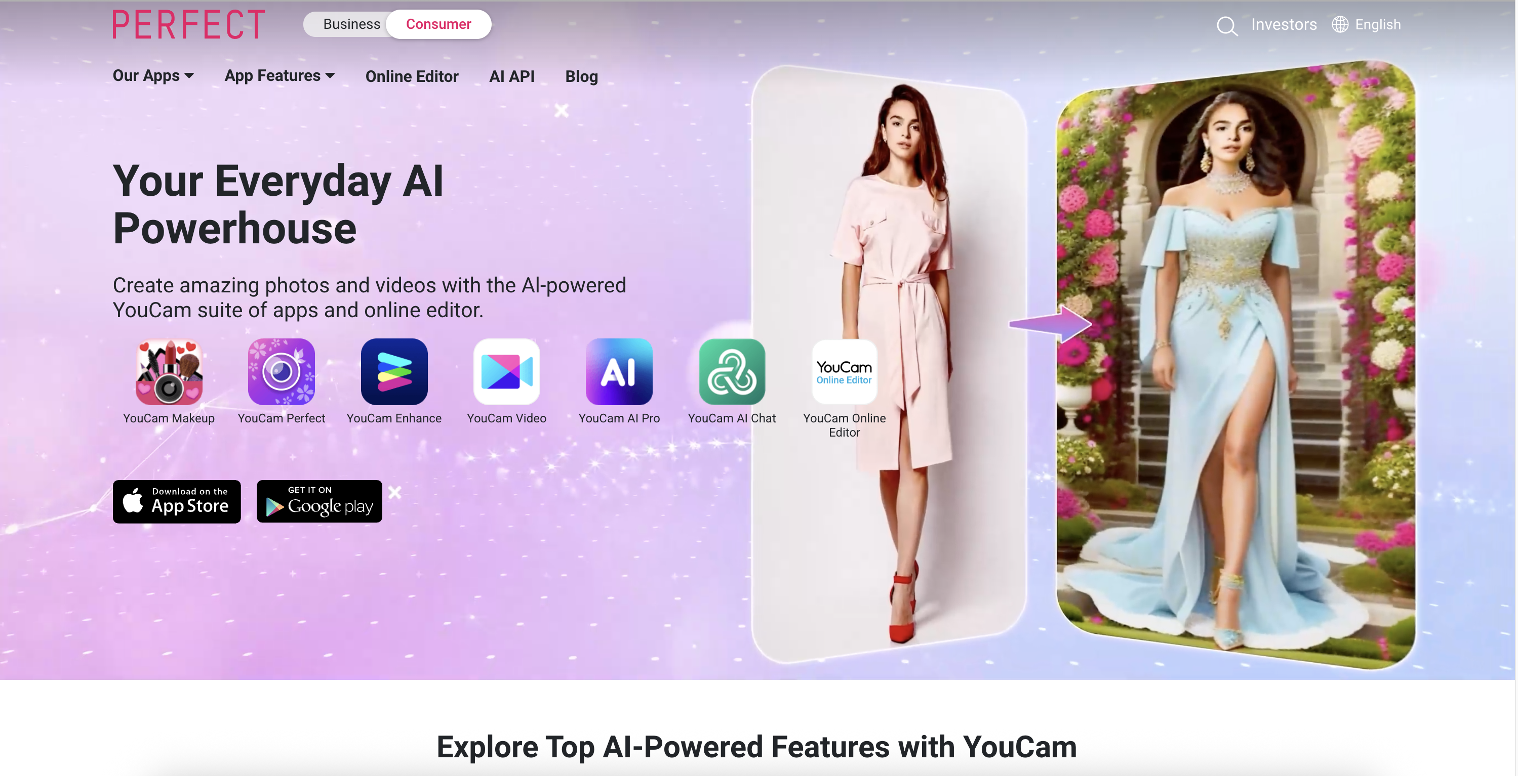 YouCam Makeup AI virtual try-on landing page showing lipstick, eyeshadow, and foundation controls